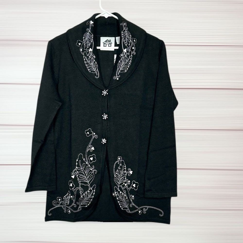 NWT Storybook Knits Black Long Cardigan
Embroidered Beaded Collared size L